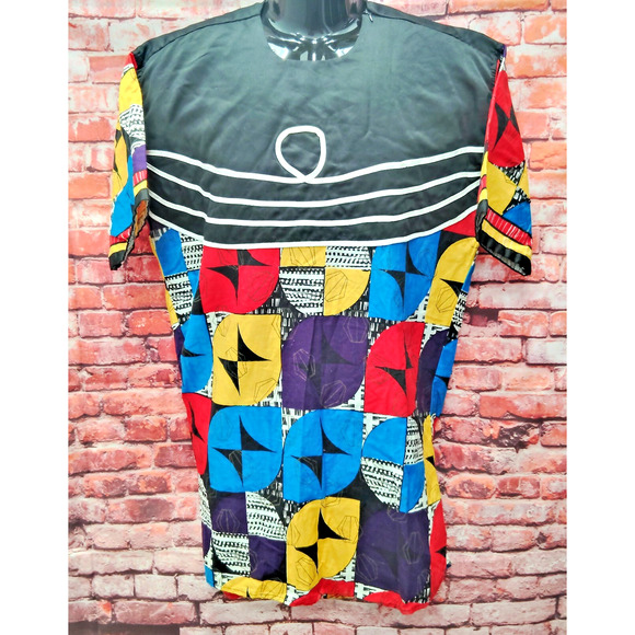 Mens Shirt Multi Geometric Print Short Sleeve Crew Neck Shoulder Zip Pullover - Picture 1 of 6